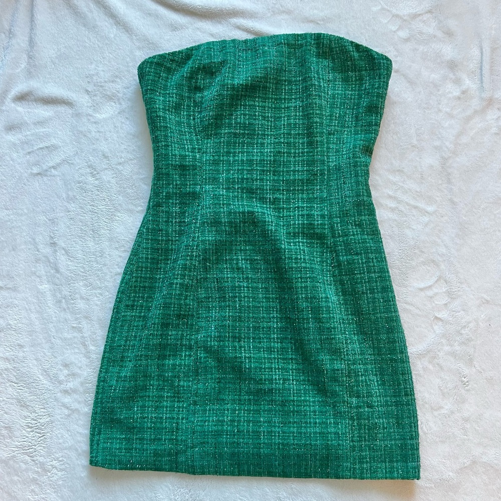 Gorgeous Kelly Green Tweed Strapless Bodycon Mini Dress